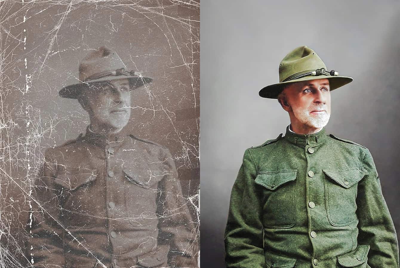Extremely damaged military portrait restoration - before and after
