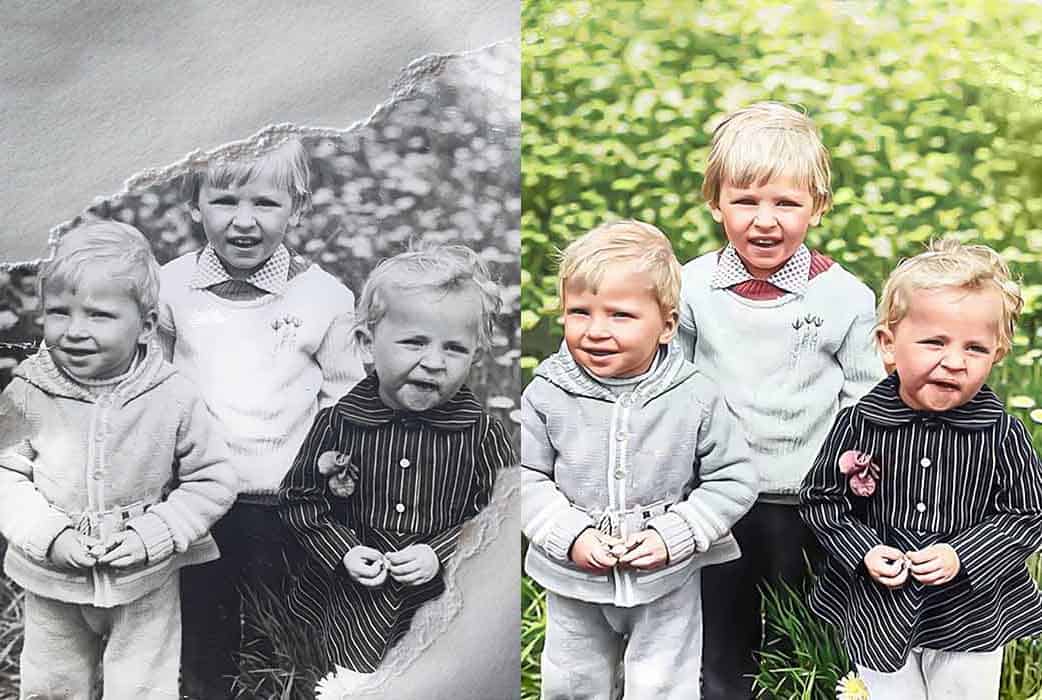 Family photo with missing parts recreated - before and after