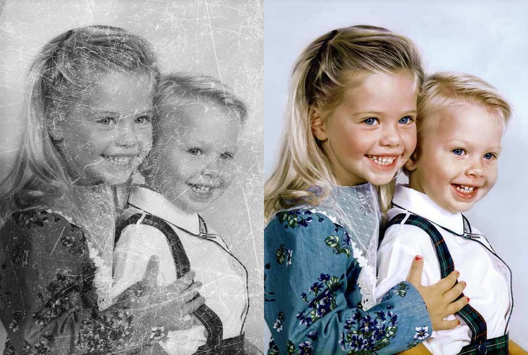 Sisters portrait colorization - before and after